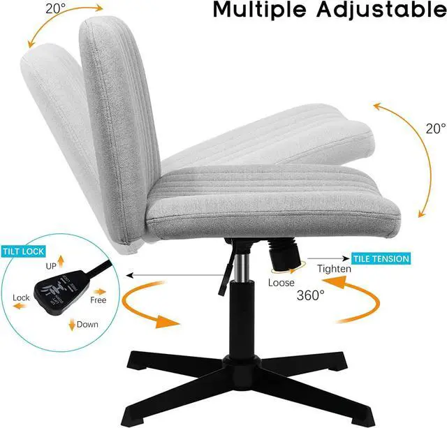 Alt view image 5 of 7 - Vitesse Armless Office Desk Chair No Wheels,Fabric Padded Modern Swivel Vanity Chair,Height Adjustable Wide Seat Computer Task Chair for Home Office,Mid Back Accent Chair Grey