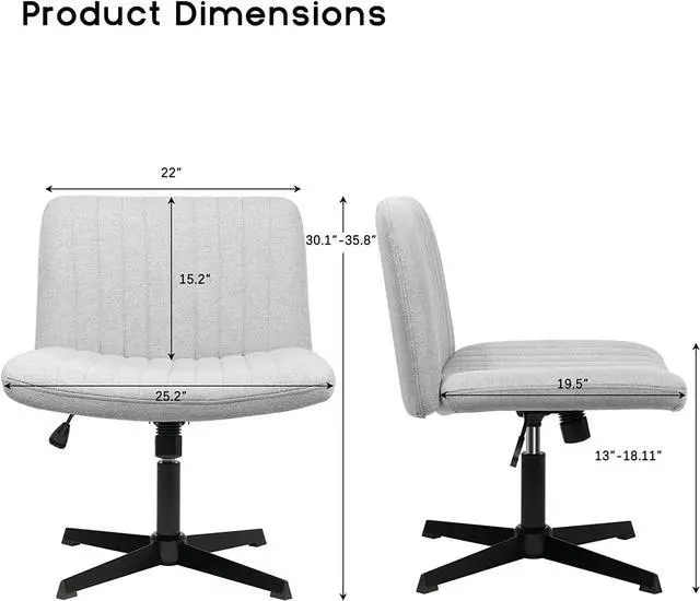 Alt view image 7 of 7 - Vitesse Armless Office Desk Chair No Wheels,Fabric Padded Modern Swivel Vanity Chair,Height Adjustable Wide Seat Computer Task Chair for Home Office,Mid Back Accent Chair Grey