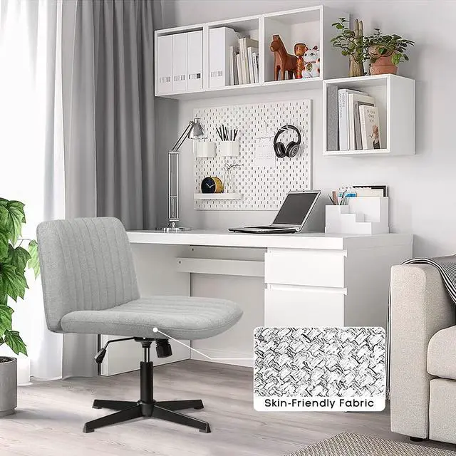 Alt view image 6 of 7 - Vitesse Armless Office Desk Chair No Wheels,Fabric Padded Modern Swivel Vanity Chair,Height Adjustable Wide Seat Computer Task Chair for Home Office,Mid Back Accent Chair Grey