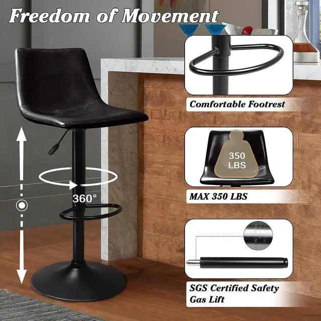 Alt view image 3 of 7 - Vitesse Adjustable Swivel Bar Stools Set of 2,Counter Height Bar Stools with Back,350 LBS PU Leather Bar Stool for Kitchen Island,Upholstered Pub Stools with Footrest,Armless Dining Chairs for Bar