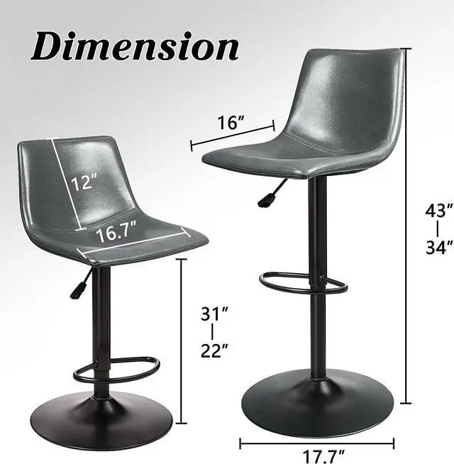 Alt view image 7 of 7 - Vitesse Adjustable Swivel Bar Stools Set of 2,Counter Height Bar Stools with Back,350 LBS PU Leather Bar Stool for Kitchen Island,Upholstered Pub Stools with Footrest,Armless Dining Chairs for Bar