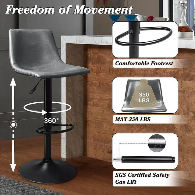Alt view image 3 of 7 - Vitesse Adjustable Swivel Bar Stools Set of 2,Counter Height Bar Stools with Back,350 LBS PU Leather Bar Stool for Kitchen Island,Upholstered Pub Stools with Footrest,Armless Dining Chairs for Bar