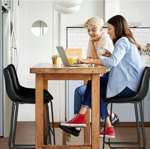 Alt view image 6 of 7 - Vitesse 30 inch Bar Stools Set of 2, Modern Bar Height Barstools, Faux Leather Stool with Back and Metal Leg, Armless Tall Bar Dining Chairs for Pub Kitchen Island Black