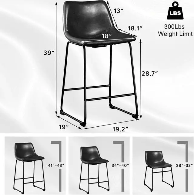 Alt view image 3 of 7 - Vitesse 30 inch Bar Stools Set of 2, Modern Bar Height Barstools, Faux Leather Stool with Back and Metal Leg, Armless Tall Bar Dining Chairs for Pub Kitchen Island Black