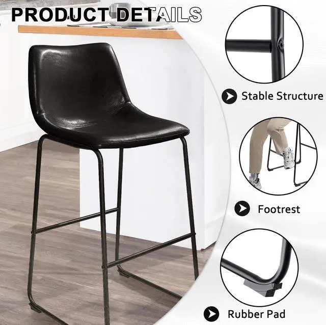 Alt view image 4 of 7 - Vitesse 30 inch Bar Stools Set of 2, Modern Bar Height Barstools, Faux Leather Stool with Back and Metal Leg, Armless Tall Bar Dining Chairs for Pub Kitchen Island Black
