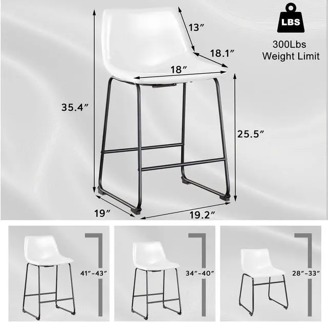 Alt view image 3 of 6 - Vitesse 26 inch Bar Stools Set of 2, Modern Counter Height Bar Stools, Faux Leather Barstool with Back and Metal Leg, Armless Dining Chairs for Kitchen Island Pub Living Room Counter Stool White