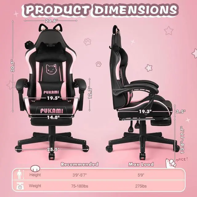 Alt view image 7 of 7 - Vitesse Gaming Chair with Cat Ears,Cute Computer Chair for Girl with Footrest,Ergonomic Gamer Chair, Kawaii Gaming Chair,Reclining Game Chair with Lumbar Support for Adult, Teen Black