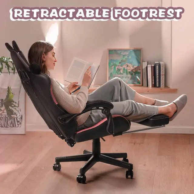 Alt view image 6 of 7 - Vitesse Gaming Chair with Cat Ears,Cute Computer Chair for Girl with Footrest,Ergonomic Gamer Chair, Kawaii Gaming Chair,Reclining Game Chair with Lumbar Support for Adult, Teen Black