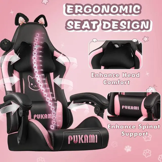 Alt view image 2 of 7 - Vitesse Gaming Chair with Cat Ears,Cute Computer Chair for Girl with Footrest,Ergonomic Gamer Chair, Kawaii Gaming Chair,Reclining Game Chair with Lumbar Support for Adult, Teen Black
