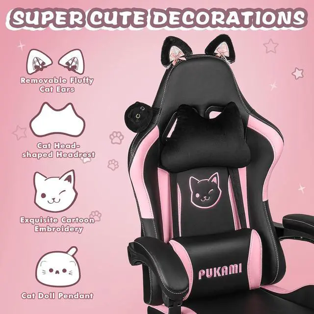 Alt view image 3 of 7 - Vitesse Gaming Chair with Cat Ears,Cute Computer Chair for Girl with Footrest,Ergonomic Gamer Chair, Kawaii Gaming Chair,Reclining Game Chair with Lumbar Support for Adult, Teen Black