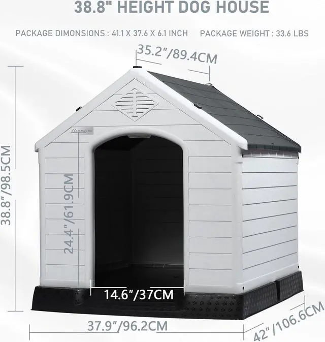 Alt view image 2 of 7 - Vitesse Durable Waterproof Plastic Dog House for Small to Large Sized Dogs, Indoor Outdoor Doghouse Insulated Puppy Shelter with Elevated Floor, Easy to Assemble 42''L*38''W*39''H Grey