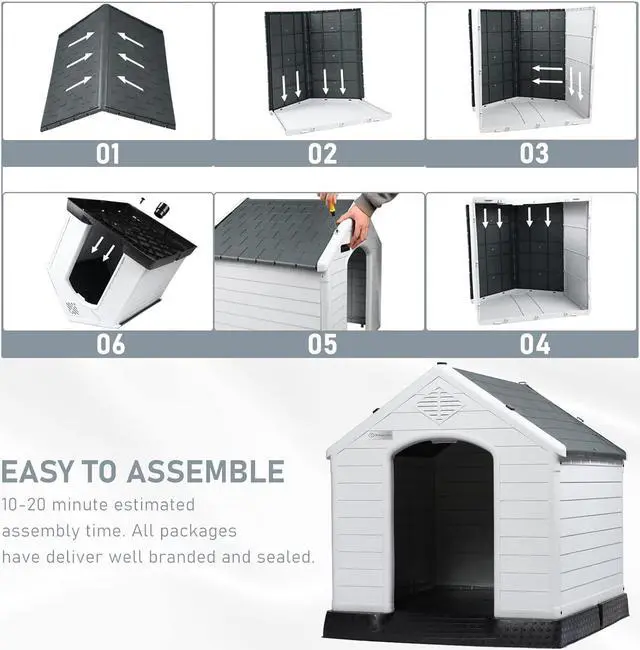 Alt view image 7 of 7 - Vitesse Durable Waterproof Plastic Dog House for Small to Large Sized Dogs, Indoor Outdoor Doghouse Insulated Puppy Shelter with Elevated Floor, Easy to Assemble 42''L*38''W*39''H Grey