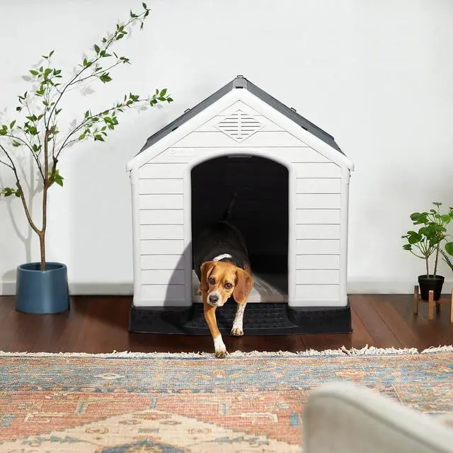 Alt view image 3 of 7 - Vitesse Durable Waterproof Plastic Dog House for Small to Large Sized Dogs, Indoor Outdoor Doghouse Insulated Puppy Shelter with Elevated Floor, Easy to Assemble 42''L*38''W*39''H Grey