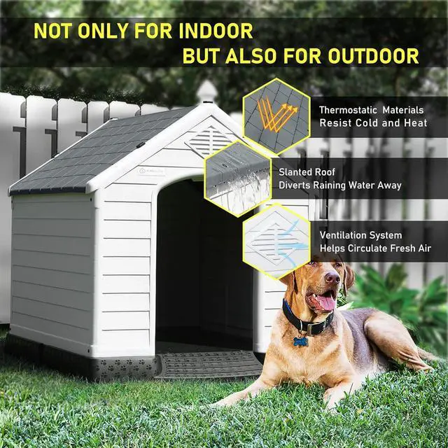Alt view image 4 of 7 - Vitesse Durable Waterproof Plastic Dog House for Small to Large Sized Dogs, Indoor Outdoor Doghouse Insulated Puppy Shelter with Elevated Floor, Easy to Assemble 42''L*38''W*39''H Grey