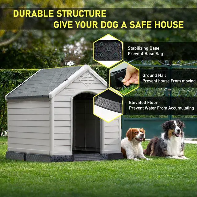 Alt view image 5 of 7 - Vitesse Durable Waterproof Plastic Dog House for Small to Large Sized Dogs, Indoor Outdoor Doghouse Insulated Puppy Shelter with Elevated Floor, Easy to Assemble 42''L*38''W*39''H Grey