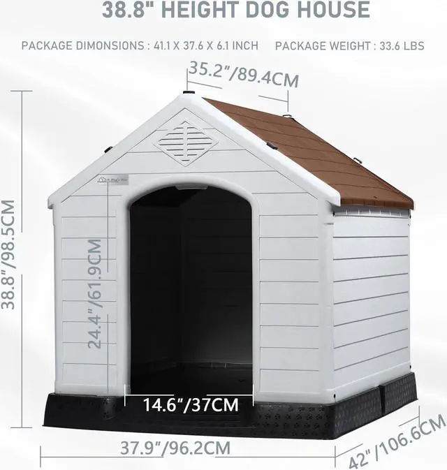 Alt view image 2 of 7 - Vitesse Durable Waterproof Plastic Dog House for Small to Large Sized Dogs, Indoor Outdoor Doghouse Insulated Puppy Shelter with Elevated Floor, Easy to Assemble 42''L*38''W*39''H Brown
