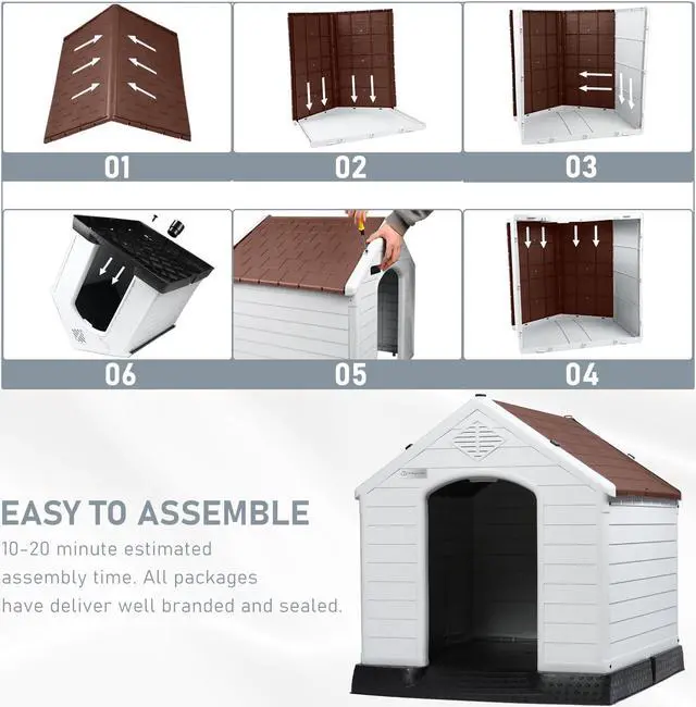 Alt view image 7 of 7 - Vitesse Durable Waterproof Plastic Dog House for Small to Large Sized Dogs, Indoor Outdoor Doghouse Insulated Puppy Shelter with Elevated Floor, Easy to Assemble 42''L*38''W*39''H Brown