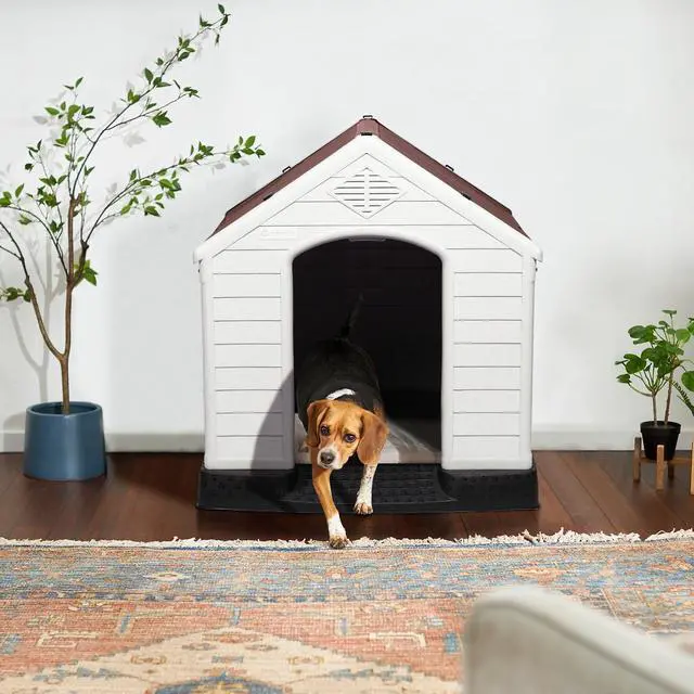 Alt view image 3 of 7 - Vitesse Durable Waterproof Plastic Dog House for Small to Large Sized Dogs, Indoor Outdoor Doghouse Insulated Puppy Shelter with Elevated Floor, Easy to Assemble 42''L*38''W*39''H Brown