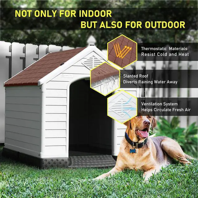 Alt view image 4 of 7 - Vitesse Durable Waterproof Plastic Dog House for Small to Large Sized Dogs, Indoor Outdoor Doghouse Insulated Puppy Shelter with Elevated Floor, Easy to Assemble 42''L*38''W*39''H Brown