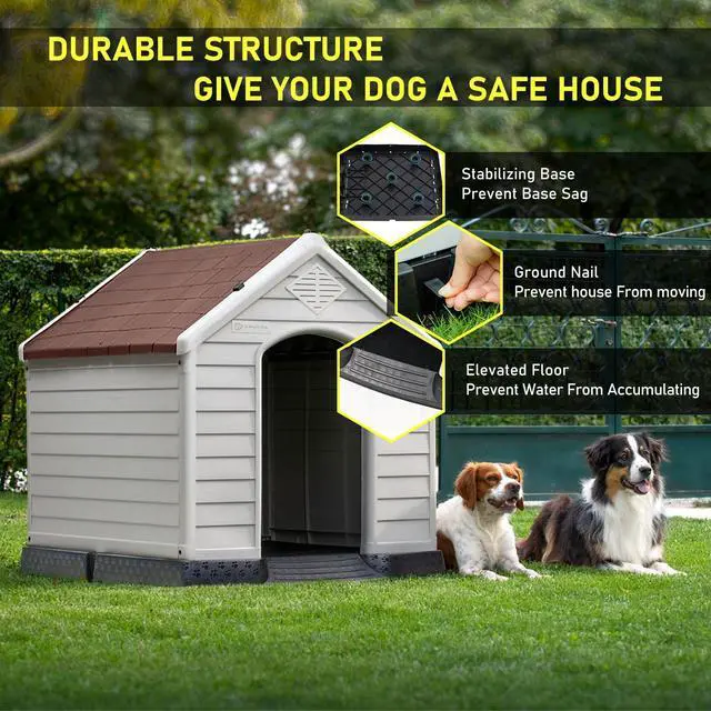 Alt view image 5 of 7 - Vitesse Durable Waterproof Plastic Dog House for Small to Large Sized Dogs, Indoor Outdoor Doghouse Insulated Puppy Shelter with Elevated Floor, Easy to Assemble 42''L*38''W*39''H Brown