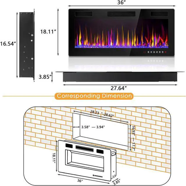 Alt view image 2 of 7 - Vitesse 36 inch Electric Fireplace Recessed and Wall Mounted,750/1500W Fireplace Heater and Linear Fireplace with Touch Screen Control Panel, Timer,Remote Control,Adjustable Flame Color and Speed