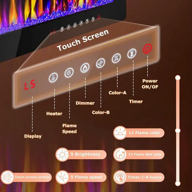 Alt view image 5 of 7 - Vitesse 36 inch Electric Fireplace Recessed and Wall Mounted,750/1500W Fireplace Heater and Linear Fireplace with Touch Screen Control Panel, Timer,Remote Control,Adjustable Flame Color and Speed