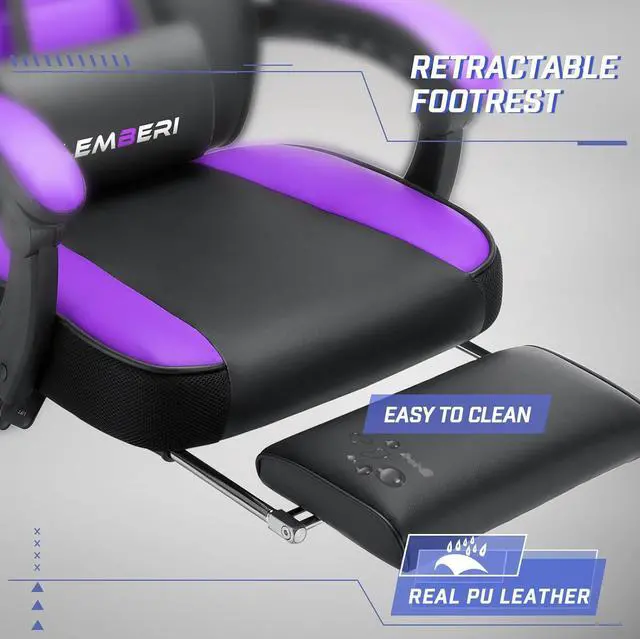 Alt view image 6 of 7 - Vitesse Video Game Chairs with footrest,Gamer Chair for Adults,Big and Tall Chair, 400lb Capacity,Gaming Chairs for Teens,Racing Style Computer Chair with Headrest and Lumbar Support Purple