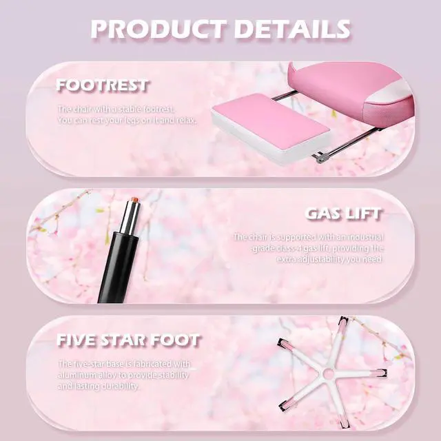 Alt view image 5 of 7 - Vitesse Pink Gaming Chair with footrest, Kawaii Cute Pink Gamer Chair for Girl,Girls Video Game Chairs,Computer Gaming Chair with Headrest and Lumbar Support