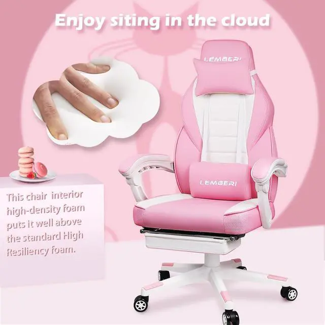 Alt view image 2 of 7 - Vitesse Pink Gaming Chair with footrest, Kawaii Cute Pink Gamer Chair for Girl,Girls Video Game Chairs,Computer Gaming Chair with Headrest and Lumbar Support