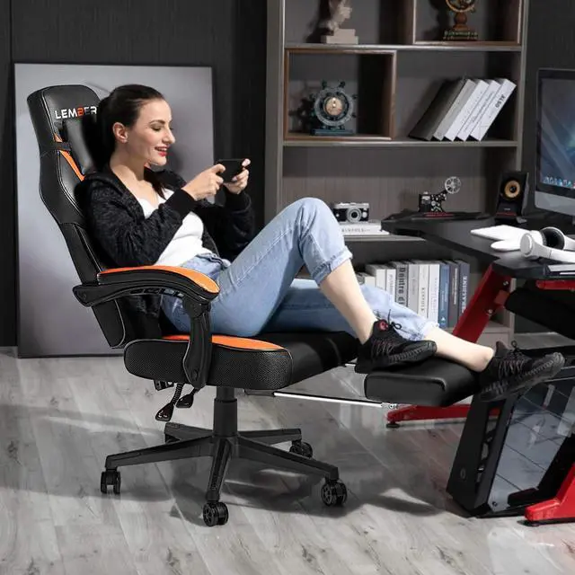 Alt view image 6 of 7 - Vitesse Video Game Chairs with footrest,Gamer Chair for Adults,Big and Tall Chair, 400lb Capacity,Gaming Chairs for Teens,Racing Style Computer Chair with Headrest and Lumbar Support Orange