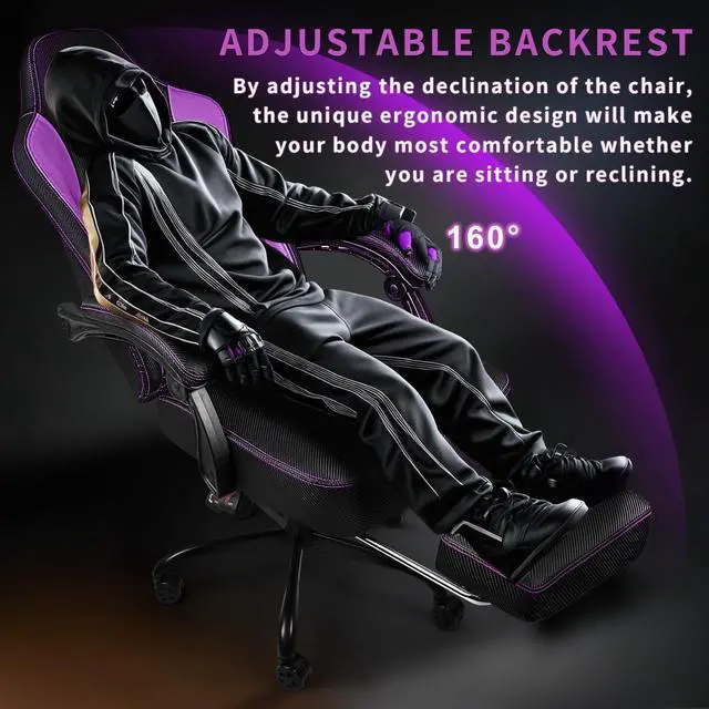 Alt view image 4 of 7 - Vitesse Big and Tall Gaming Chair 400lb Weight Capacity,Gamer Chairs for Adults,Video Game Chair wth Footrest,Racing Style Computer Gamer Chair with Headrest and Lumbar Support Purple