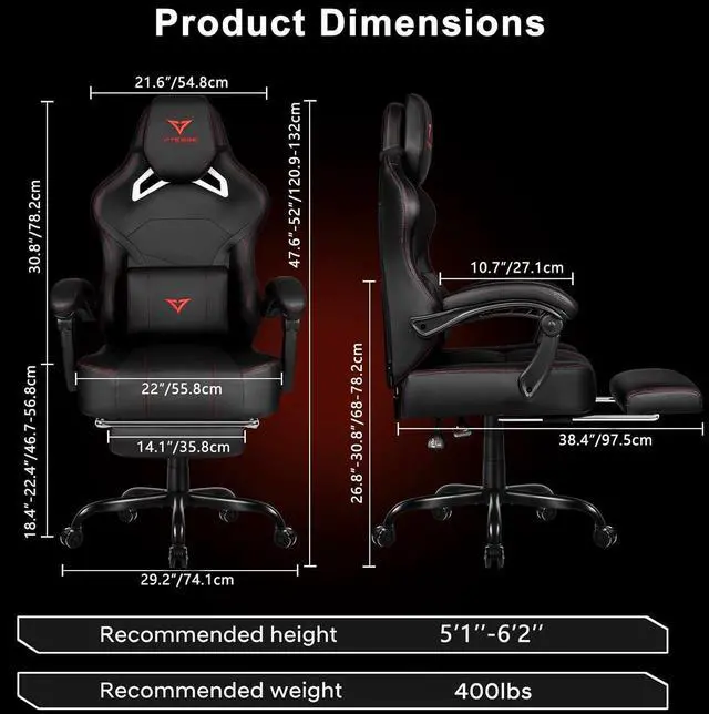 Alt view image 7 of 7 - VITESSE Big and Tall Gaming Chair 400lb Weight Capacity with Footrest, Ergonomic Video Game Chair for Adults with Oversized Headrest and Lumbar Pillow, Computer Chair gaming for Office