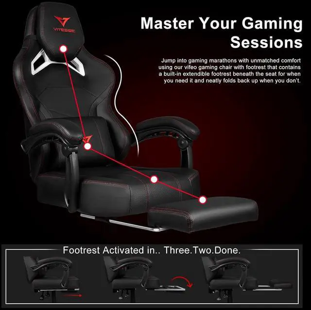 Alt view image 4 of 7 - VITESSE Big and Tall Gaming Chair 400lb Weight Capacity with Footrest, Ergonomic Video Game Chair for Adults with Oversized Headrest and Lumbar Pillow, Computer Chair gaming for Office