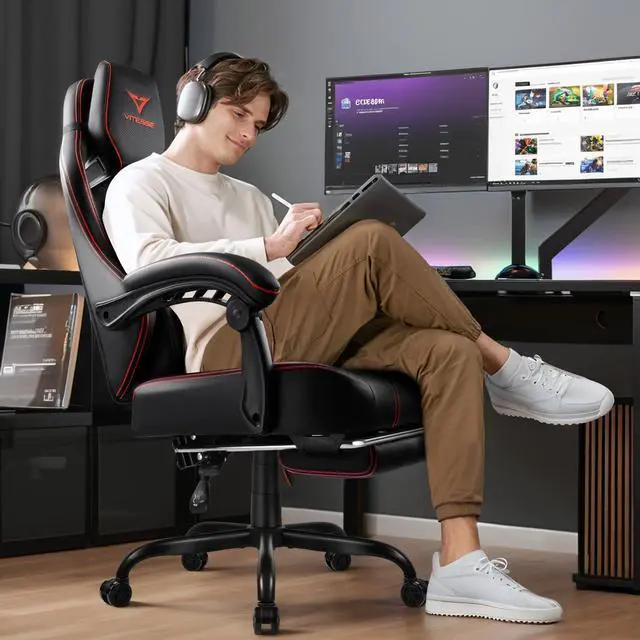 Alt view image 6 of 7 - VITESSE Big and Tall Gaming Chair 400lb Weight Capacity with Footrest, Ergonomic Video Game Chair for Adults with Oversized Headrest and Lumbar Pillow, Computer Chair gaming for Office