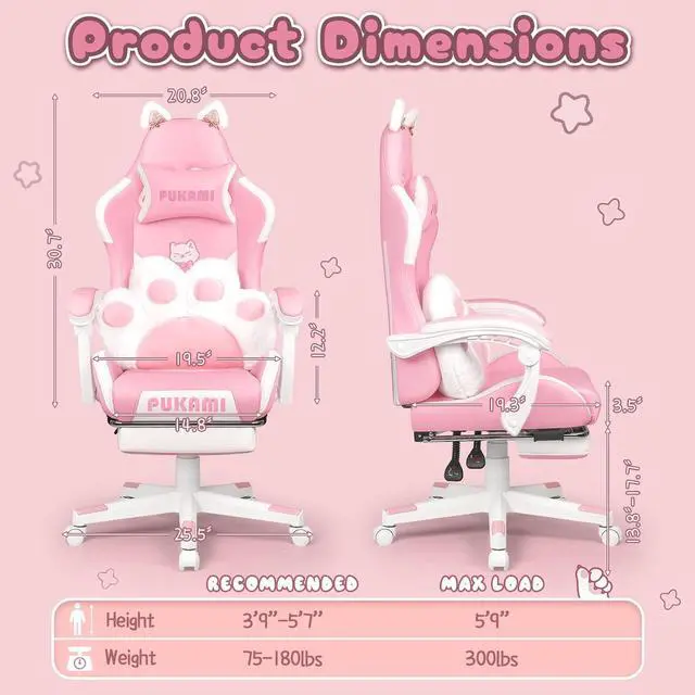 Alt view image 7 of 7 - Vitesse Gaming Chair with Cat Ears,Cute Computer Chair for Girl with Footrest,Ergonomic Gamer Chair, Kawaii Gaming Chair,Reclining Game Chair with Lumbar Support for Adult, Teen
