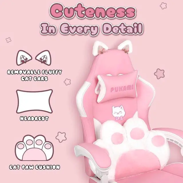 Alt view image 2 of 7 - Vitesse Gaming Chair with Cat Ears,Cute Computer Chair for Girl with Footrest,Ergonomic Gamer Chair, Kawaii Gaming Chair,Reclining Game Chair with Lumbar Support for Adult, Teen