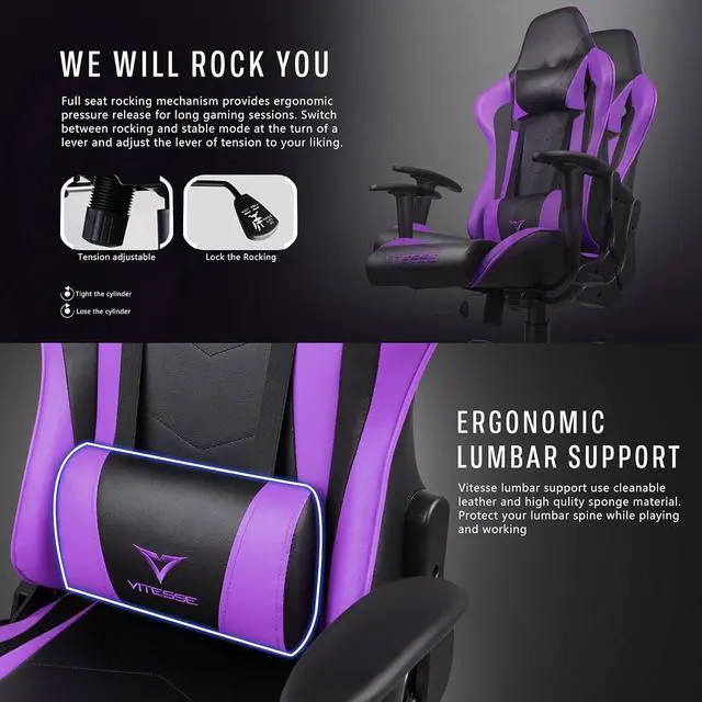 Alt view image 4 of 7 - Vitesse gaming chair, 2022 Racing style gamer chair for teens,Comfortable High Back game chair,Lumbar Support and Headrest Computer Chair with Height Adjustable Swivel Office Chair