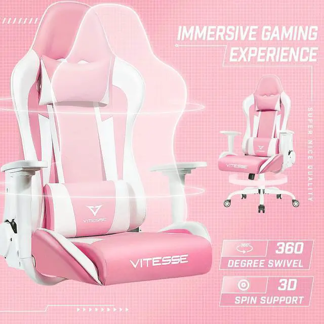 Alt view image 2 of 7 - Vitesse Gaming Chair,Pink Gaming Chair for Girl Ergonomic Office Desk Chair Racing Office Chair Adjustable High Back Chair Game Chair Swivel Leather Chair with Lumbar Support and Headrest