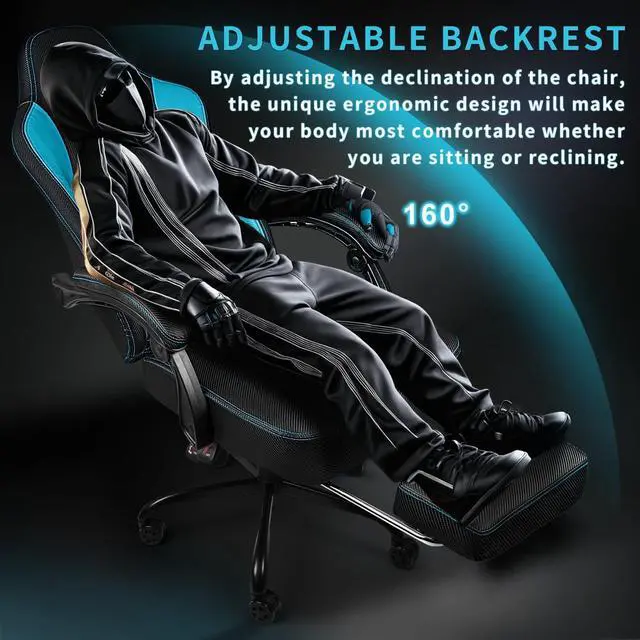 Alt view image 4 of 7 - Vitesse Big and Tall Gaming Chair 400lb Weight Capacity,Gamer Chairs for Adults,Video Game Chair wth Footrest,Racing Style Computer Gamer Chair with Headrest and Lumbar Support Purple Blue