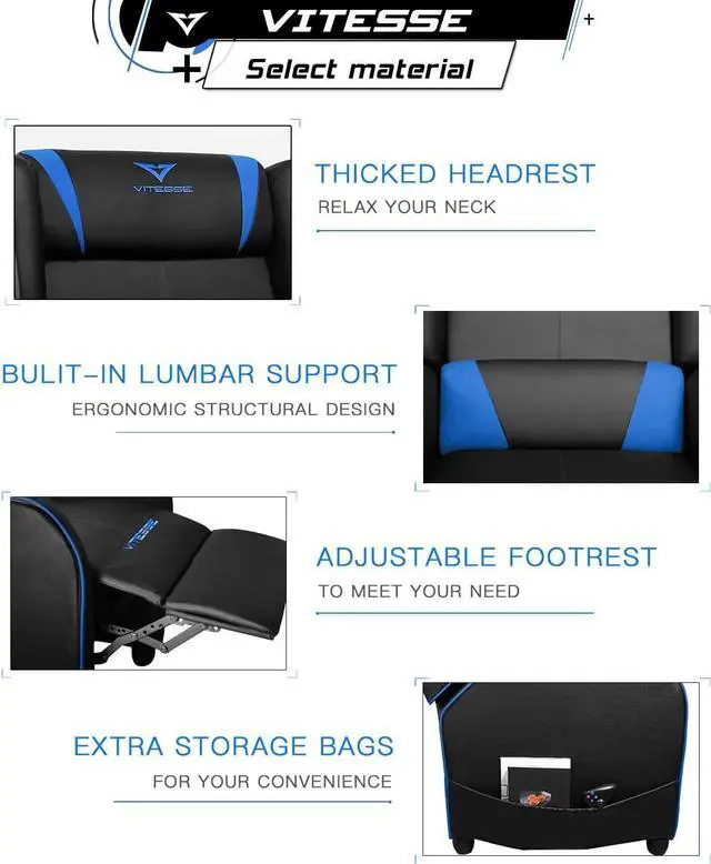 Alt view image 2 of 7 - VITESSE Gaming Recliner Chair Racing Style Single PU Leather Sofa Modern Living Room Recliners Ergonomic Comfortable Home Theater Seating