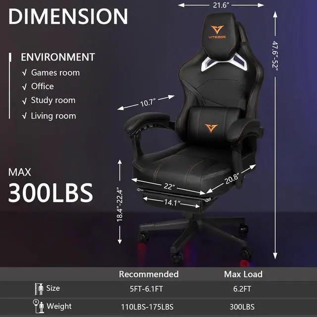 Alt view image 7 of 7 - VITESSE Big and Tall Gaming Chair for Adults with Footrest, 400lbs Weight Capacity Video Game Chairs for Office, Ergonomic Computer Gaming Chair with Lumbar Support and Headrest (Orange)
