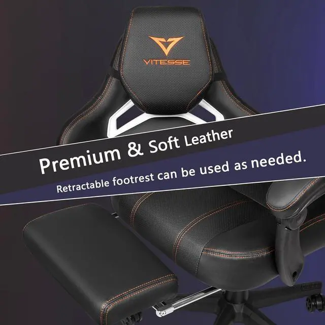 Alt view image 5 of 7 - VITESSE Big and Tall Gaming Chair for Adults with Footrest, 400lbs Weight Capacity Video Game Chairs for Office, Ergonomic Computer Gaming Chair with Lumbar Support and Headrest (Orange)