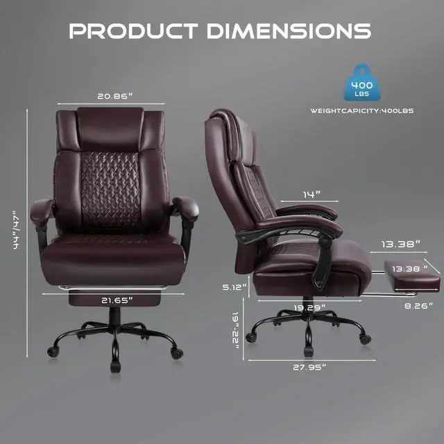 Alt view image 7 of 7 - VITESSE Office Chair,Executive Heavy Duty Office Chair with Foot Rest Ergonomic High Back Computer Gaming Chairs Home Office 400lbs,Big and Tall with Lumbar Support (BRW)