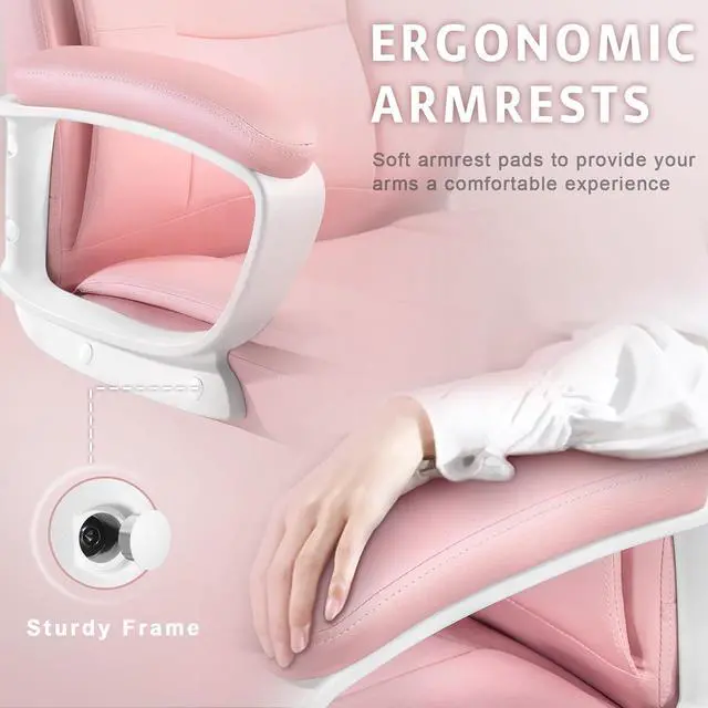 Alt view image 3 of 6 - VITESSE Pink Office Desk Chair, Big and Tall Managerial Executive Chair, High Back Computer Chair, Ergonomic Adjustable Height PU Leather Chairs with Cushions Armrest for Long Time Sitting