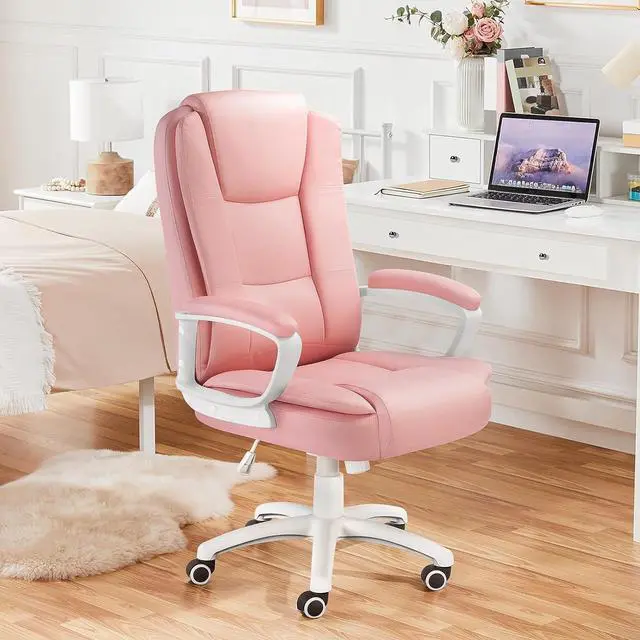 Alt view image 6 of 6 - VITESSE Pink Office Desk Chair, Big and Tall Managerial Executive Chair, High Back Computer Chair, Ergonomic Adjustable Height PU Leather Chairs with Cushions Armrest for Long Time Sitting