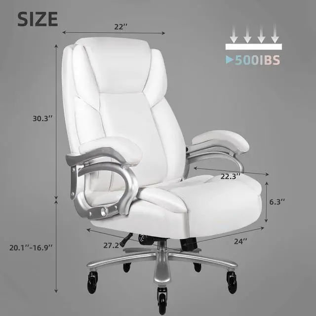 Alt view image 7 of 7 - VITESSE 500lbs Heavy Duty Office Chair for Low Back Pain Relief, Big and Tall Gaming Chair with Ergonomic Lumbar Support, High Back Executive Chair with Quiet Rubber Wheel(White)