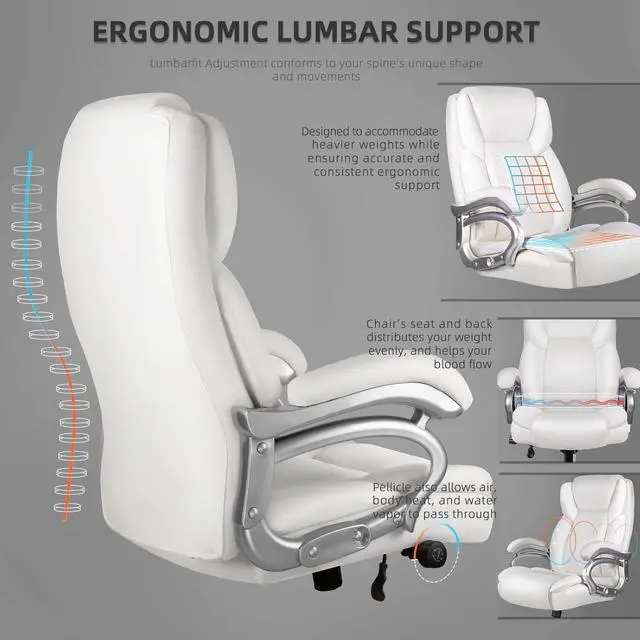 Alt view image 3 of 7 - VITESSE 500lbs Heavy Duty Office Chair for Low Back Pain Relief, Big and Tall Gaming Chair with Ergonomic Lumbar Support, High Back Executive Chair with Quiet Rubber Wheel(White)