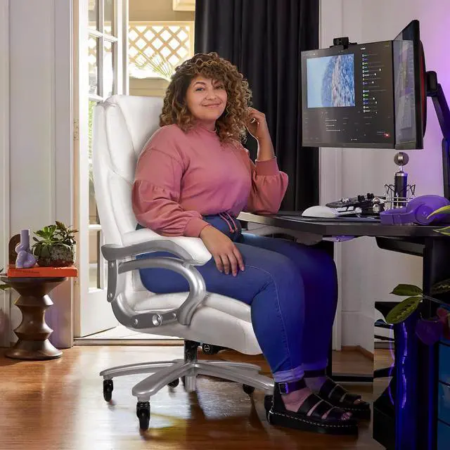 Alt view image 6 of 7 - VITESSE 500lbs Heavy Duty Office Chair for Low Back Pain Relief, Big and Tall Gaming Chair with Ergonomic Lumbar Support, High Back Executive Chair with Quiet Rubber Wheel(White)