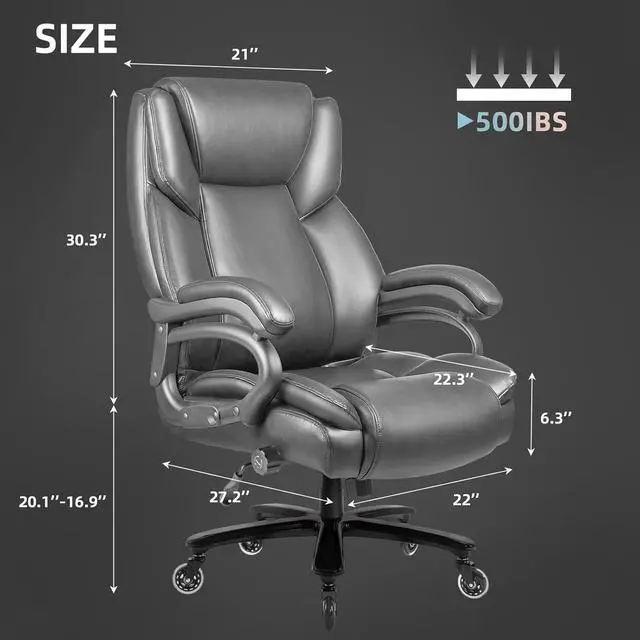 Alt view image 7 of 7 - VITESSE 500lbs Heavy Duty Office Chair for Low Back Pain Relief, Big and Tall Gaming Chair with Ergonomic Lumbar Support, High Back Executive Chair with Quiet Rubber Wheel(Grey)