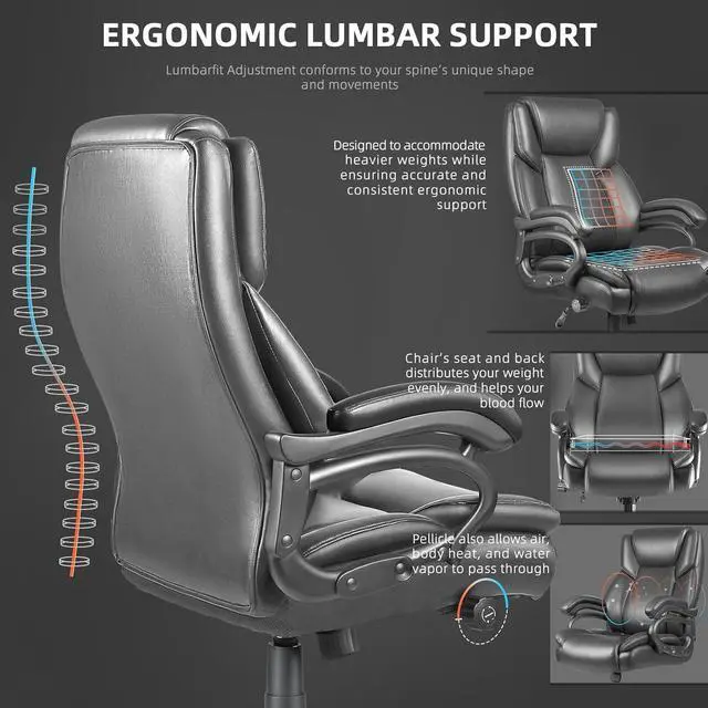 Alt view image 3 of 7 - VITESSE 500lbs Heavy Duty Office Chair for Low Back Pain Relief, Big and Tall Gaming Chair with Ergonomic Lumbar Support, High Back Executive Chair with Quiet Rubber Wheel(Grey)